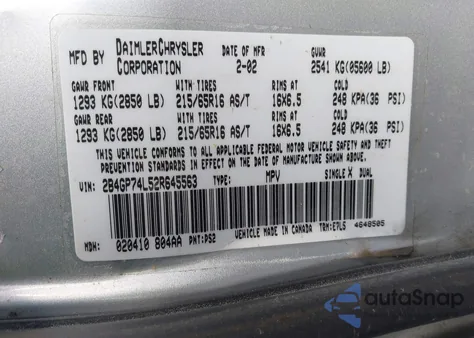 2002 Dodge Grand Caravan Ex from USA, damaged, VIN 2B4GP74L52R645563